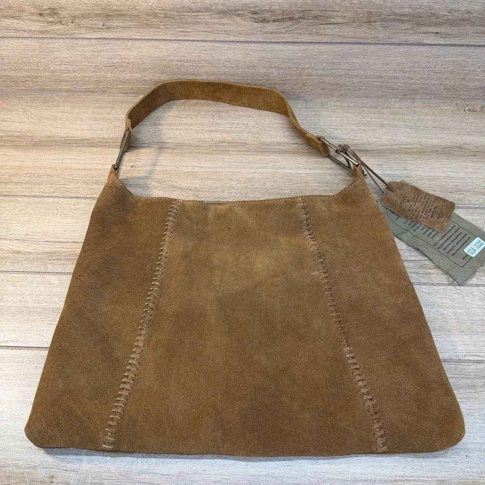 Vilenca Holland Suede Slouchy Hobo Shoulder Bag Earthy Brown Whipstitch Boho